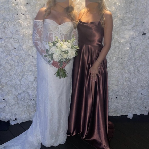 Azazie Elle Metallic Satin Dress in Espresso - Picture 8 of 9